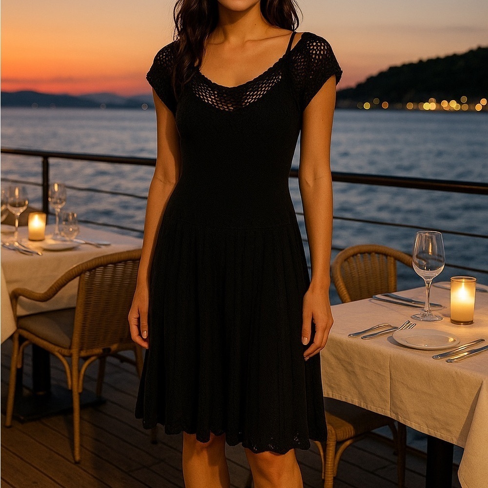 Victoria’s Secret Black Crochet Knit Dress | Boho Beach Cover Up Resort Midi m